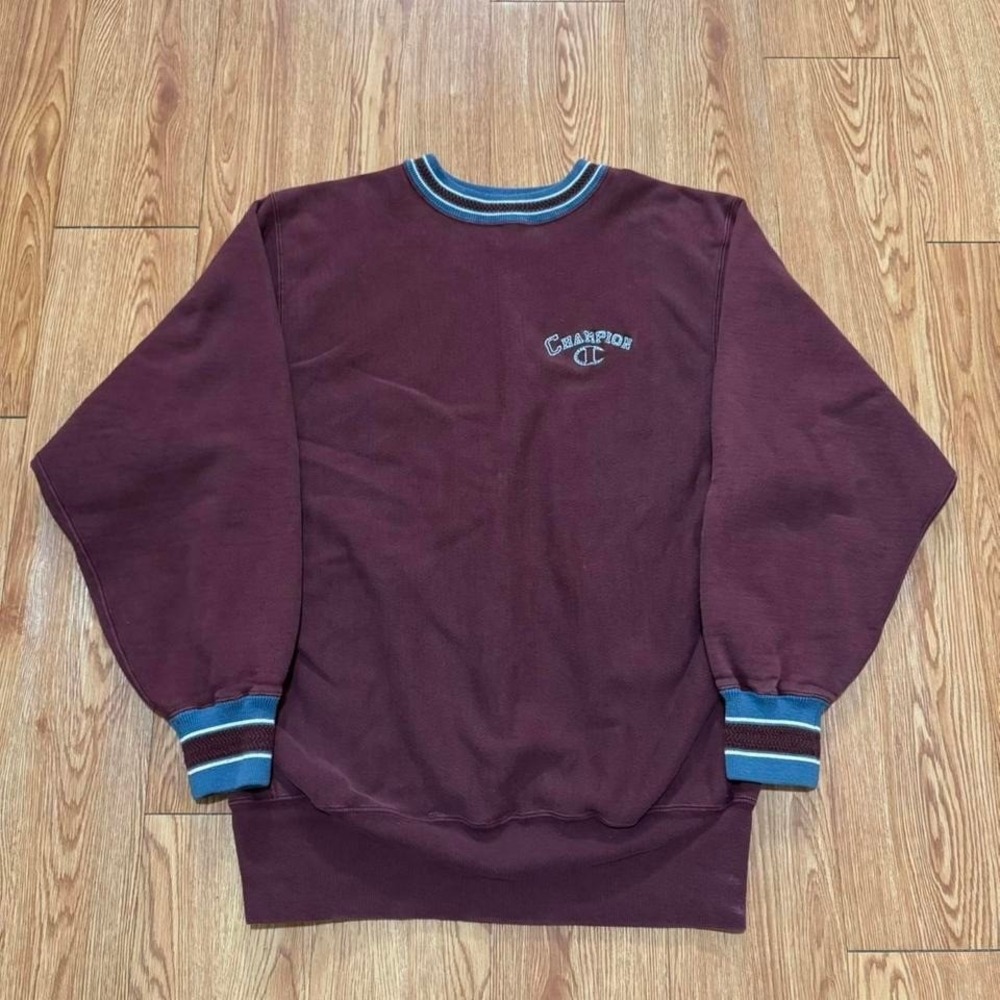 Vintage Champion Reverse Weave‎ Sweatshirt 90s Burgundy Striped Spellout Size XL - Picture 2 of 7